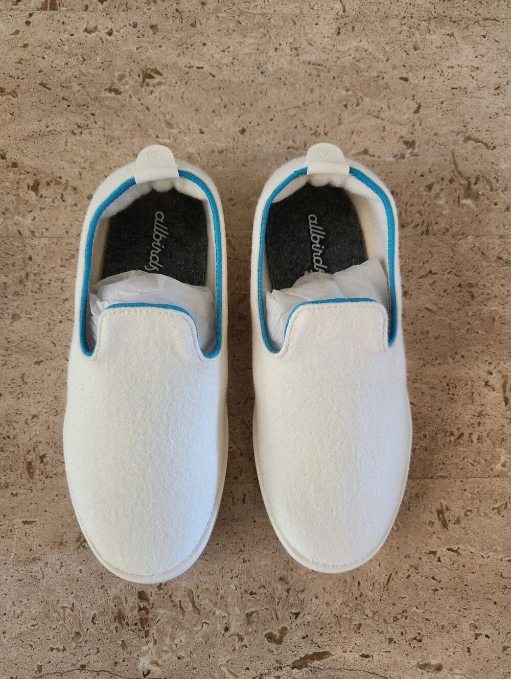 allbirds Kids White Wool Lounger Slippers with Blue Trim